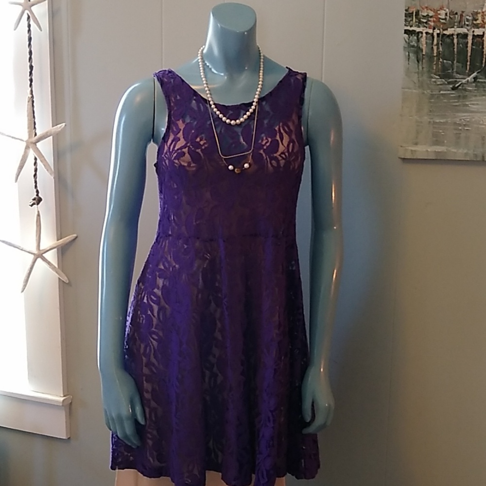 🧶 Vintage Rare Free People Sheer Bright Purple Sheer Lace Trapeze Dress
